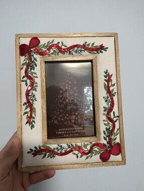 Handcrafted Holiday Ribbon & Greenery Photo Frame - Red and Green